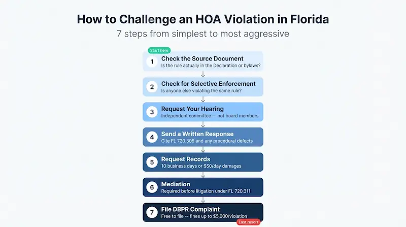 Infographic showing 7 steps to challenge an HOA violation in Florida from simplest to most aggressive: check source document, check selective enforcement, request hearing before independent committee, send written response citing FL 720.305, request records within 10 business days, mediation under FL 720.311, and file DBPR complaint with fines up to 5000 dollars per violation