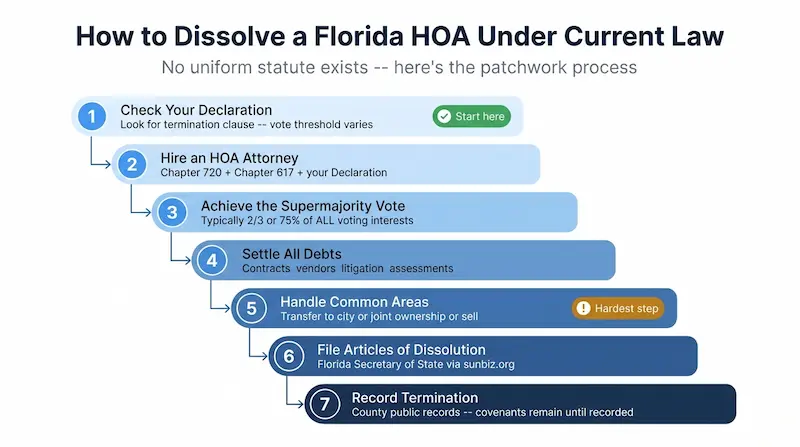 Infographic showing the 7-step process to dissolve a Florida HOA under current law: check Declaration for termination clause, hire HOA attorney for Chapter 720 and 617, achieve supermajority vote of two-thirds or 75 percent of all voting interests, settle all debts and contracts, handle common areas through transfer or sale, file Articles of Dissolution with Florida Secretary of State, and record termination in county public records