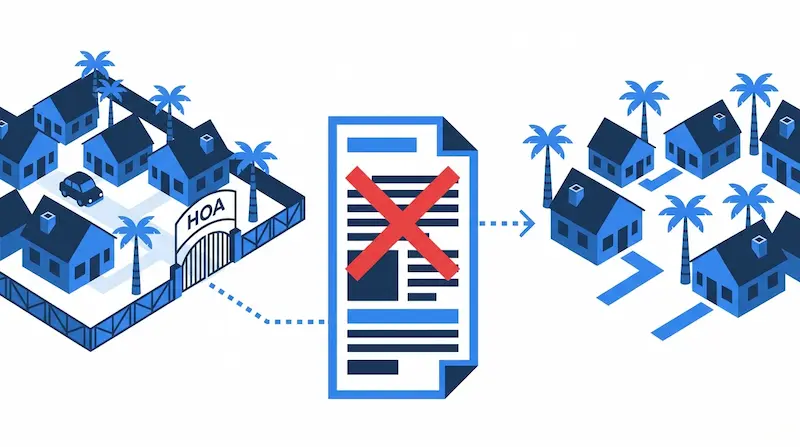 Florida HOA community with dissolution concept showing governing documents and gavel representing the legal process to terminate a homeowners association