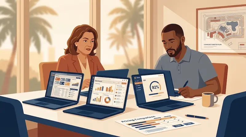 Florida HOA board treasurer and community association manager sitting at a conference table reviewing three laptop screens side by side showing different HOA software platform demos with a printed pricing comparison sheet between them and Florida coastal light streaming through the window