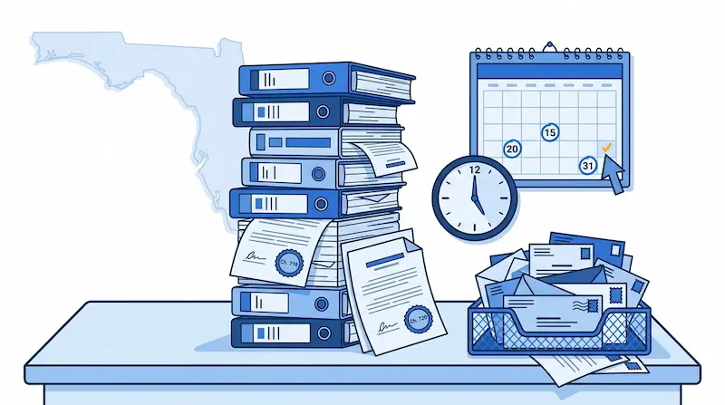 Illustration of a Florida HOA board's compliance workload — binders, statute documents, deadline calendar and notices